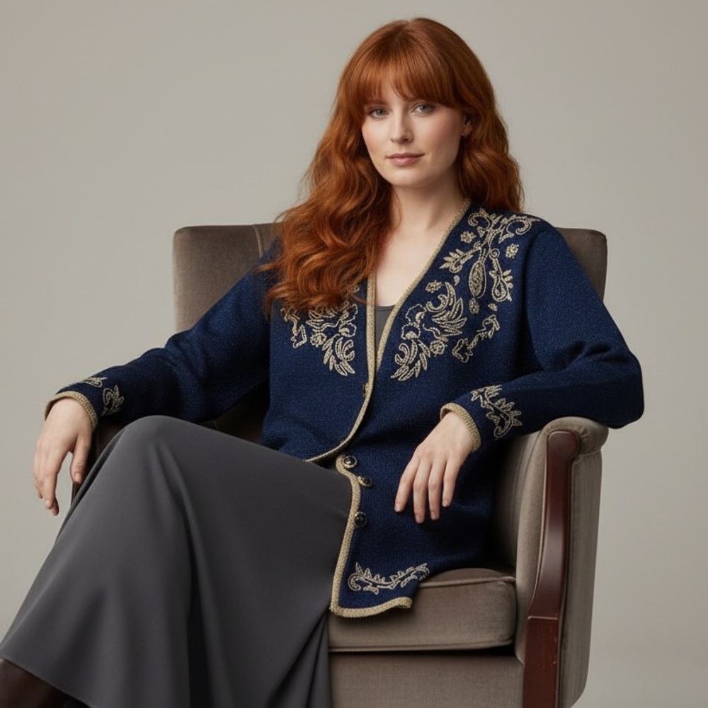 Vintage Jaclyn Smith Beautiful Metallic Blue Faux Pearl Cardigan Size L